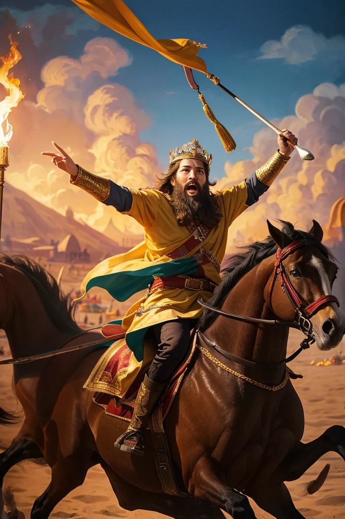A painting of a young king wearing a crown and beard, riding a horse, rising up in excitement, raising a large torch and shouting a victory cry on the beach at night.