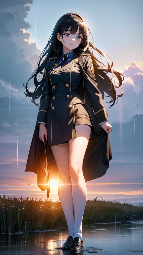 a beautiful smiling girl with long black hair, high school girl in uniform, clear sky, sun shining, rain falling, rain reflecting light, rays of light, full body shot, (best quality,4k,8k,highres,masterpiece:1.2),ultra-detailed,(realistic,photorealistic,photo-realistic:1.37),highly detailed, intricate, vivid colors, natural lighting, soft focus, elegant, graceful, cinematic