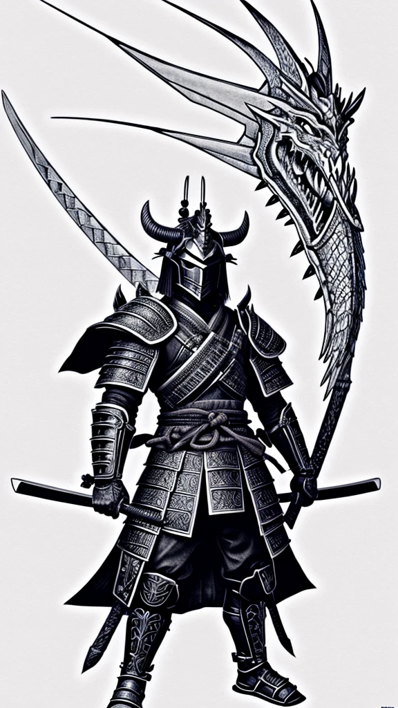 Create a samurai with armor, and with more space with a dragon around it, drawing style, all black and white if possible, do on white background mais com dragao do lado e ele de frente