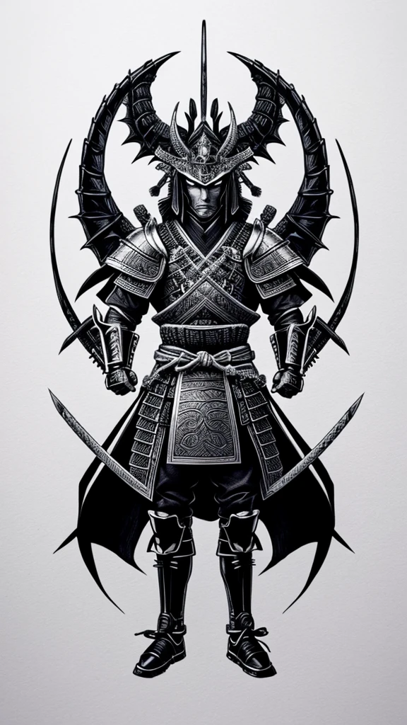 Create a samurai with armor, and with more space with a dragon around it, drawing style, all black and white if possible, do on white background mais com dragao do lado e ele de frente 