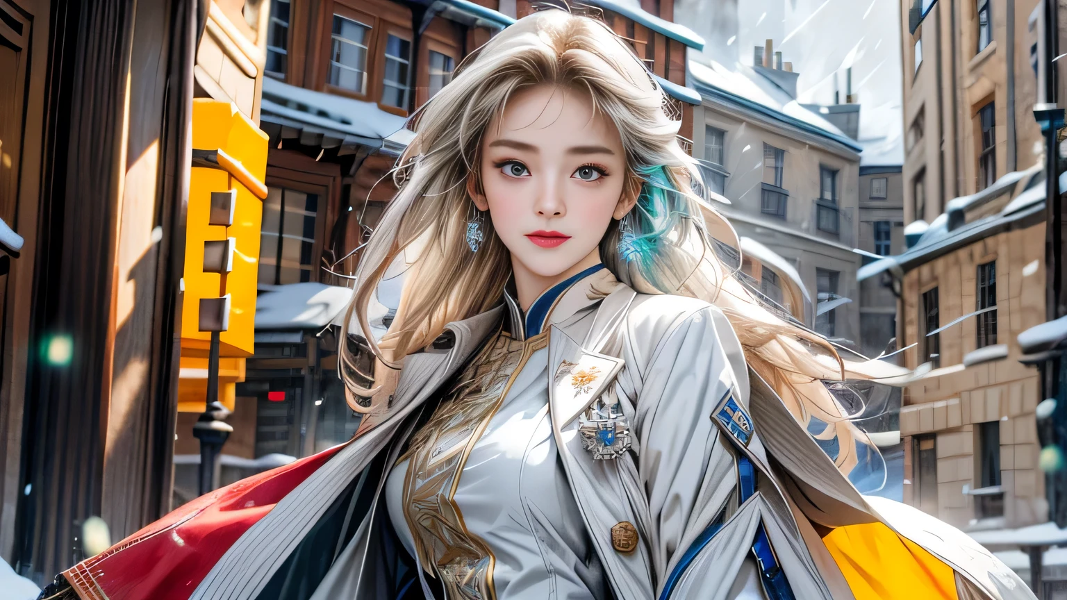 (highest resolution, distinct_image), realistic, Best quality, single person, one girl, solo, masterpiece, highly detailed, realistic, long hair, braided white blond hair, (blue military uniform underneath the coat), depth of field, outdoor background, (falling snow), ((big breasts)), authoritative, dignified, calm and powerful expression, ambient lighting, exquisite facial feature, (fur-trimmed white coat), open coat, short skirt, looking at viewer, head to waist, ((castle terrace)), dynamic angle, light smile, detailed background, ((from front)), full body