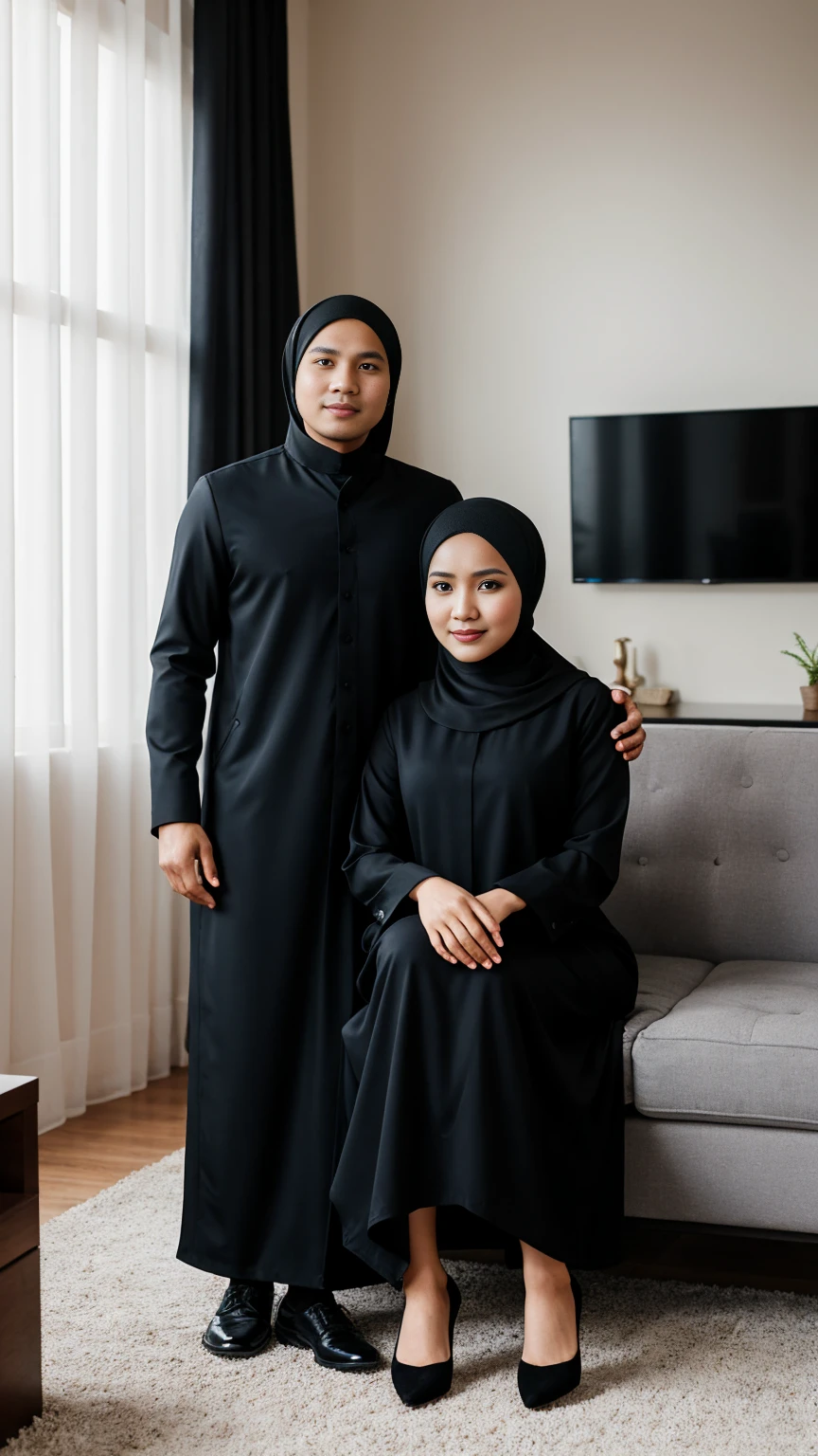 studio photo of a young Indonesian couple. full body, 32 year old husband with neat thin hair and a clean face wearing a suit, 30 year old wife wearing a hijab and abaya, detailed face, detailed clothes, living room background, bright lighting, bright sunlight, detailed background