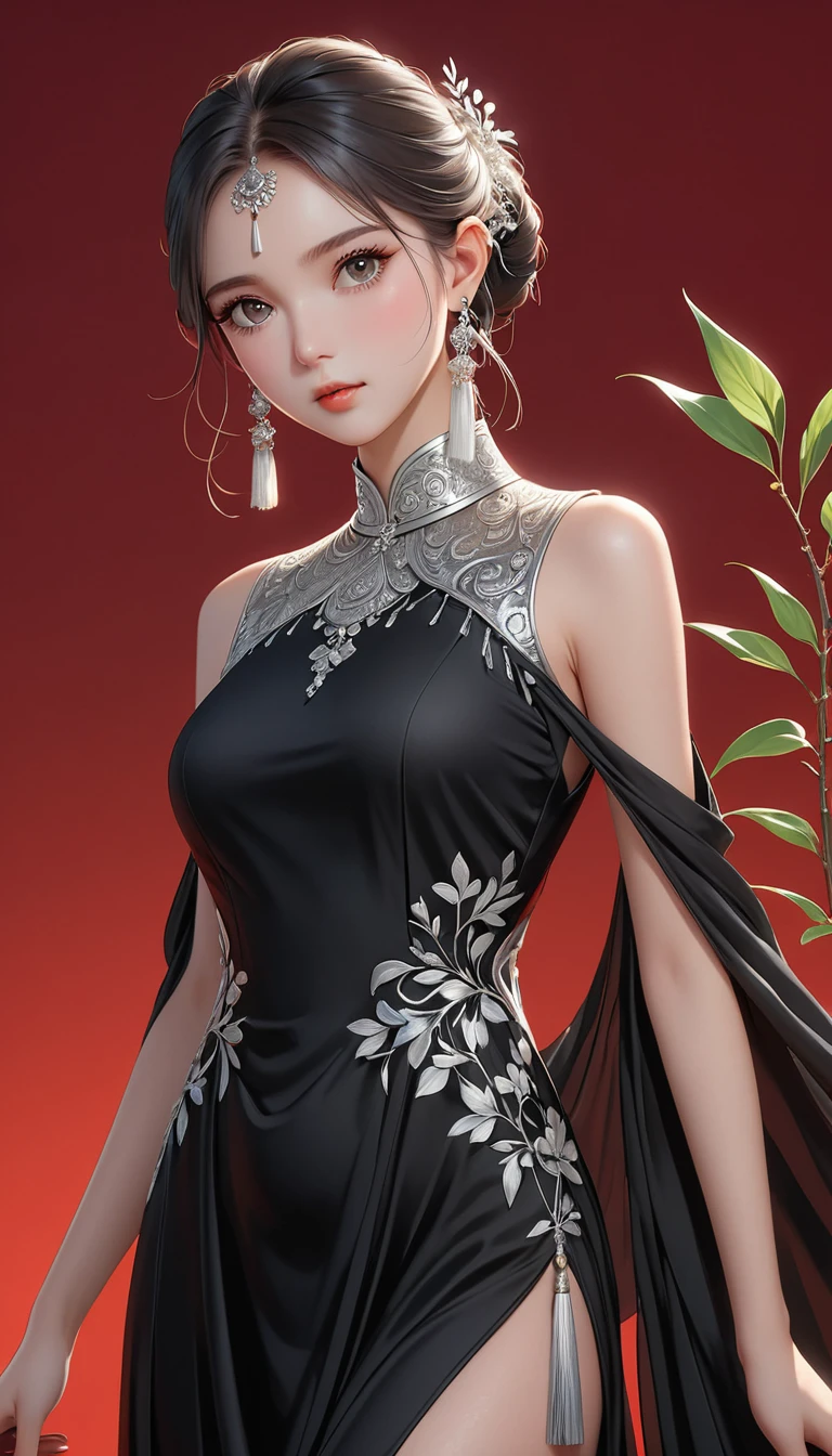 (masterpiece，high quality，8K).beautiful girl，Ethnic evening dress：1.5.Skin details，Bright Eyes，Thick eyelashes，Unique，Staring at the audience），（High collar sleeveless black maxi dress，Long legs，seedling：1.5，Silver jewelry：1.2，silver tassel：1.37，）。Clean and simple red background