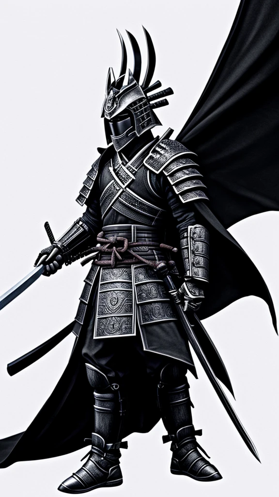 Create a samurai with armor, and with more space with a dragon around it, drawing style, all black and white if possible, do on white background 