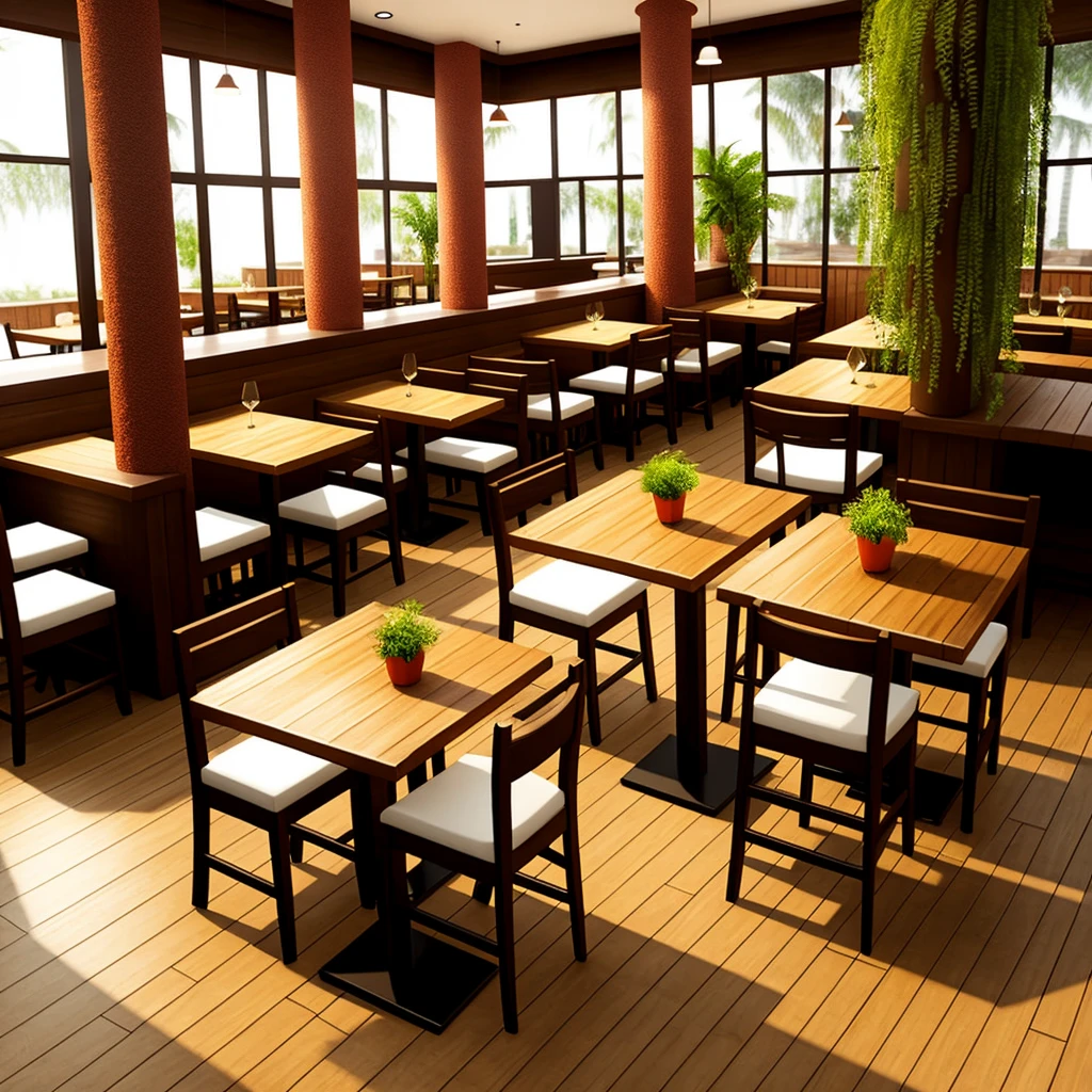 3D graphics, like in a game Interior of the restaurant with three columns in the center, a pair of large tables with soft chairs in light colors and wooden floor and a bar with plants 