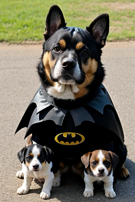 A dog dressed as Batman with his puppies