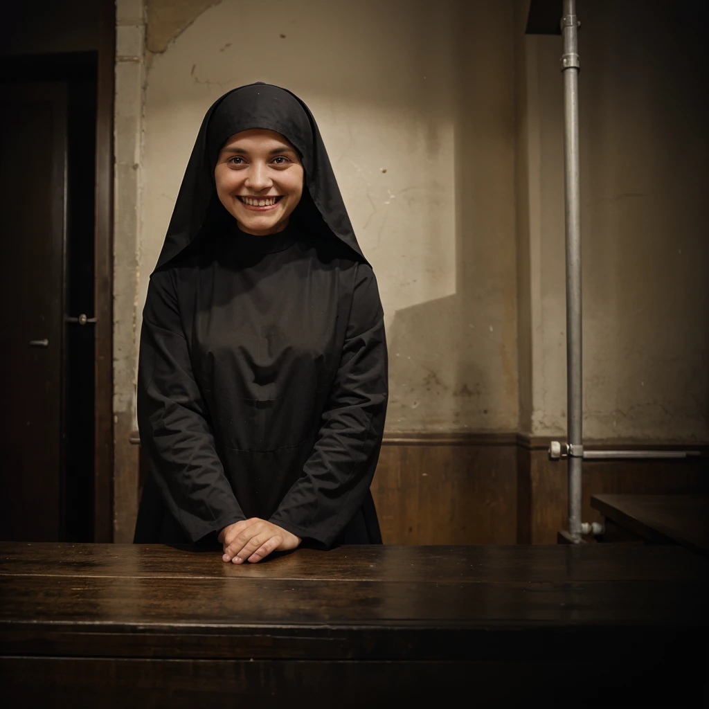 A nun in black clothes in the corner of a dark room with a very wide smile 