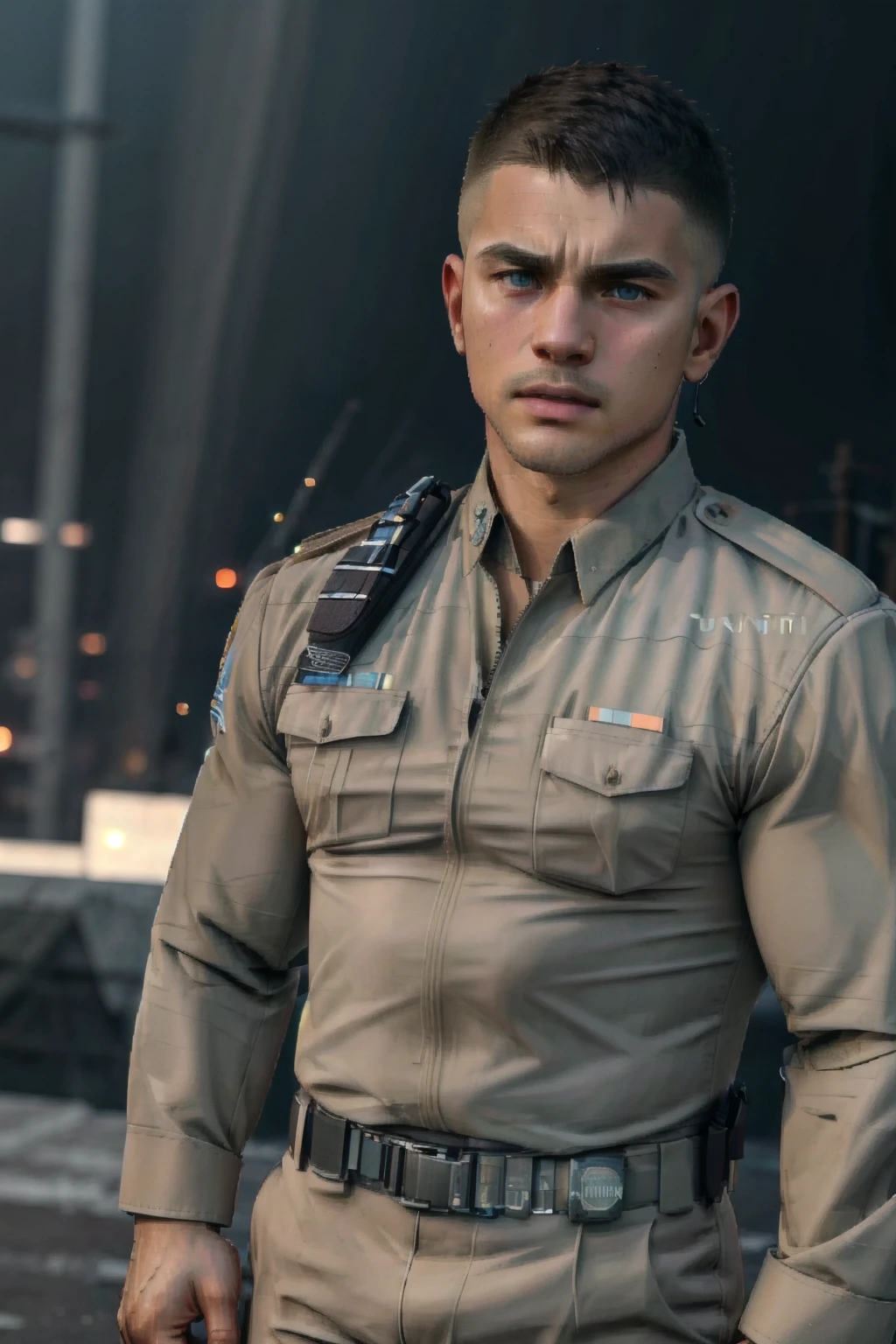 Portrait, Detailedface, ultra realistic, best quality, masterpiece, (perfect face, perfect eyes), RAW photo, 8k uhd, dslr, soft lighting, film grain, ultra detailed, texture detailed, Fujifilm XT3, mature muscular hunk, undercut hair, extremely short hair, Thai police uniform