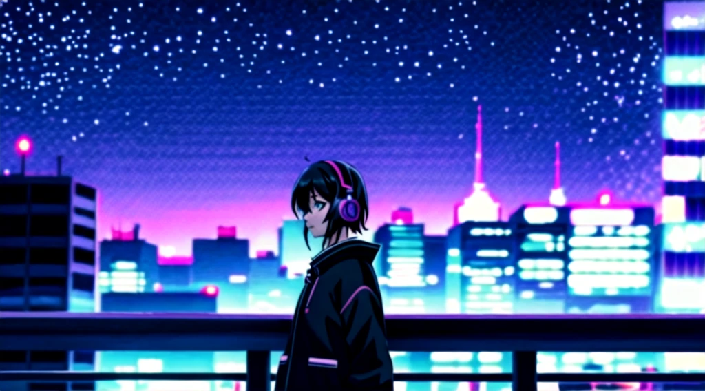 Anime girl wearing headphones and looking at the night city, Anime Style. 8K, Anime Style 4k yen, Anime atmosphere, Lo-fi Girl, Lo-fi art style, Nightcore, Ilya Kuvshinov. 4k yen, Anime Moe Art Style, Anime Aesthetics, Cute girl anime visuals, Portrait of Rofi, High quality anime art style, Anime Cover