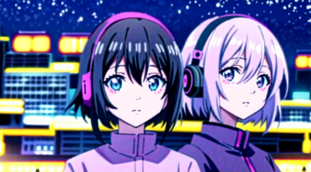 Anime girl wearing headphones and looking at the night city, Anime Style. 8K, Anime Style 4k yen, Anime atmosphere, Lo-fi Girl, Lo-fi art style, Nightcore, Ilya Kuvshinov. 4k yen, Anime Moe Art Style, Anime Aesthetics, Cute girl anime visuals, Portrait of Rofi, High quality anime art style, Anime Cover