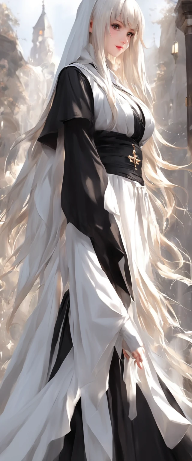 Character (hair bangs) (white long hair) (white pale skin) (nun-style clothing) (black clothing) (character in dynamic pose) (perspective angle taken) (full body)