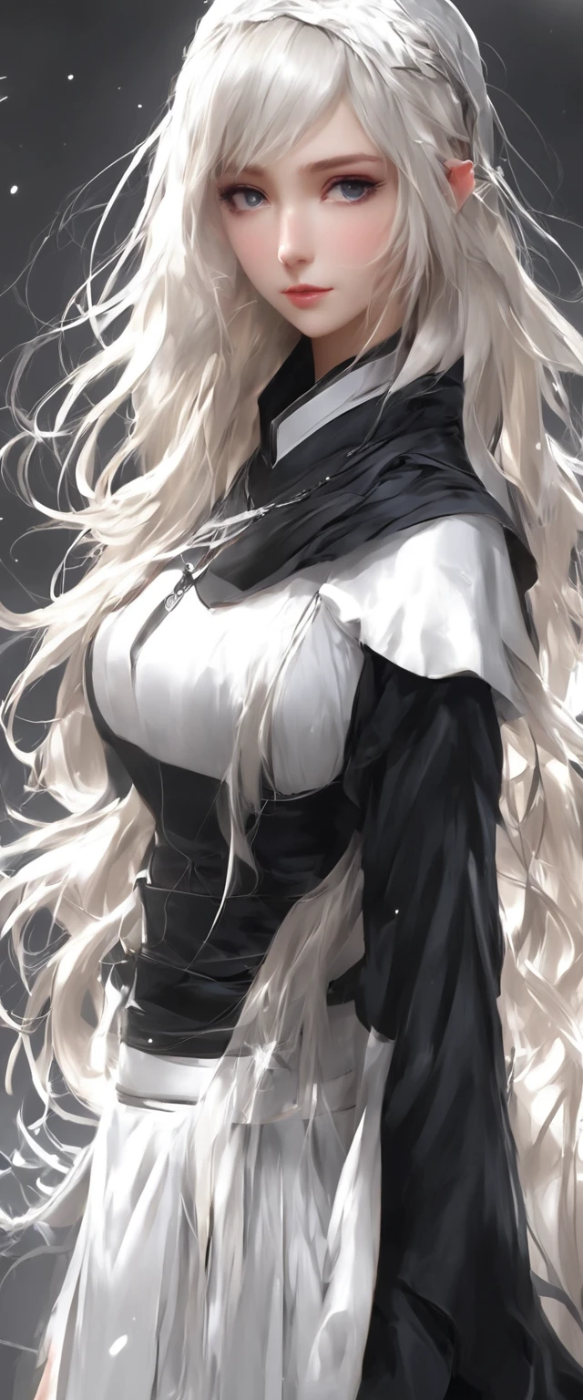 Character (hair bangs) (white long hair) (white pale skin) (nun-style clothing) (black clothing) (character in dynamic pose) (perspective angle taken) (full body)