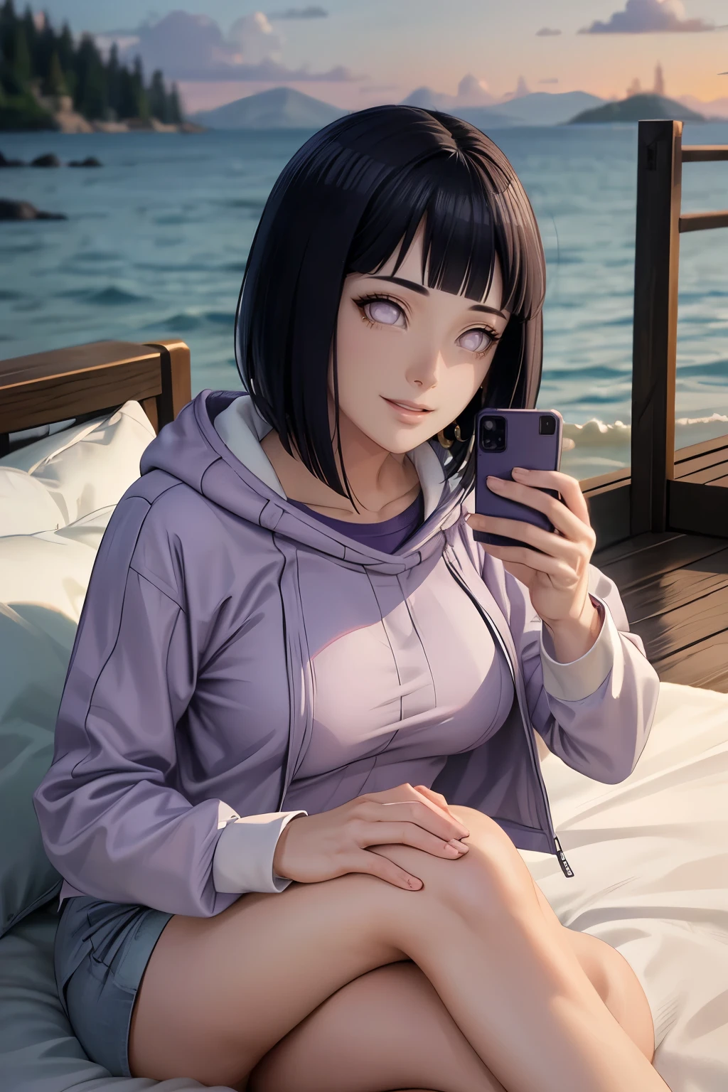 (best quality,4k,8k,highres,masterpiece:1.2),ultra-detailed,realistic,photorealistic:1.37,detailed eyes,beautiful detailed lips,pale.hinata hyuga wearing hoodie, layered sleeve, perfect figure, attractive rounded breasts, naughty smile, puffy lips, posing in sunshine, outdoor , purple layered hoodie, relaxed brown pants, attractive detailed eyes, fit waist, showing hip, ass show in bed, ass, taking selfie short hair