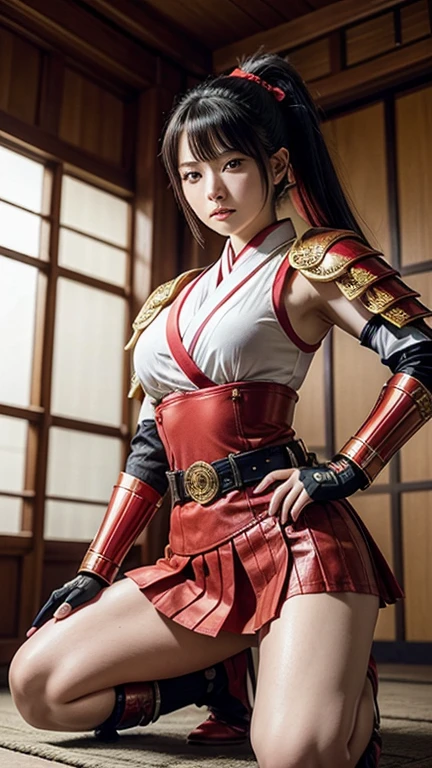 Naotora Ii，Female generals，flashy，Ponytail beauty，Holding a naginata，Wearing stylish red armor，Wearing a red skirt，Crouching，Panty shot，One leg raised，Wearing leg armor，Wearing two belts around his waist