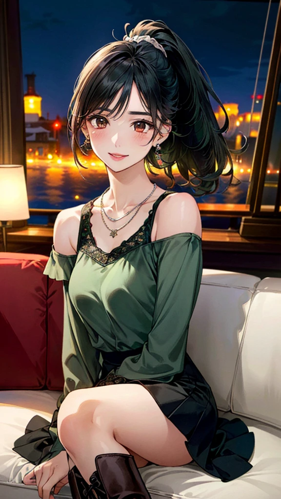 (masterpiece:1.3, Highest quality, Ultra-high resolution, Super detailed), (Realistic, photoRealistic:1.4), Beautiful illustrations, Perfect lighting, colorful, Depth of written boundary, 
Beautiful detailed hair, Beautifully detailed face, Beautiful fine details, Beautiful clavicle, Beautiful body, 美しいLarge Breasts, Beautiful thighs, Beautiful feet, Beautiful fingers, 
View Viewer、Front view:0.6, Beauty1人, Japanese, Beauty、30 years old, Perfect Face, (Perfect Anatomy, Anatomically correct), Cute and symmetrical face, , , Shiny skin, 
(Dark green cold shoulder blouse:1.4),((Long skirt 1.5)), (short boots:1.2)
(Black Hair, ponytail:1.4),  braided bangs、Dark brown eyes, (Large Breasts), Slim body, 
necklace, (Small earrings:1.3), 
(Beautiful views), (night), (Cafe), sofa、 ( Crossing your legs), A soft smile、(Smile, Lips parted), 