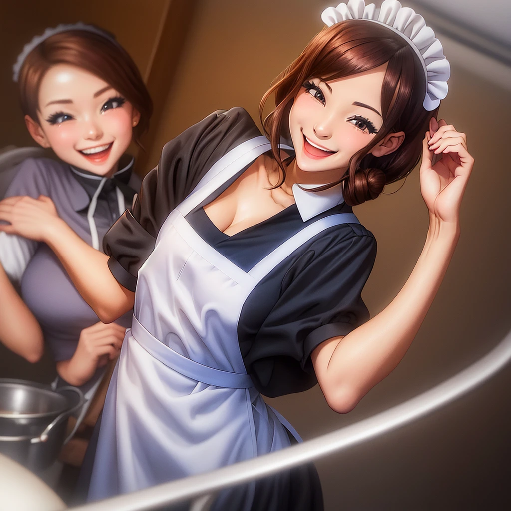 Wearing a maid uniform,and smiling excitedly