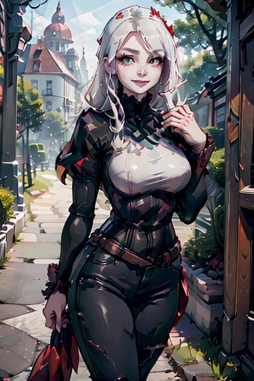 A young white haired woman with green eyes and an hourglass figure in a leather jacket and jeans is walking through an iron gate with a smile