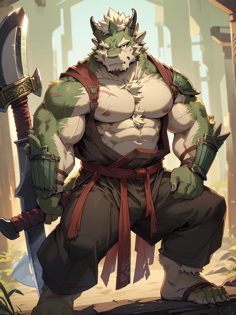 a furry eastern dragon, long whisker, green fur, bare chest, big chest, big build, warrior waist armor, sandal, ((eastern dragon), ((green dragon)), ((waist armor)), furry art, full body, mature, tall, daddy, muscular, rounded face, ((no coat)), ((berserker)), scar body, (scar), bare body, many scars on body, scar face, long beard, very muscular, beefy body, (((bare chest))), (((large pecs))), (((hold a great axe))), action pose