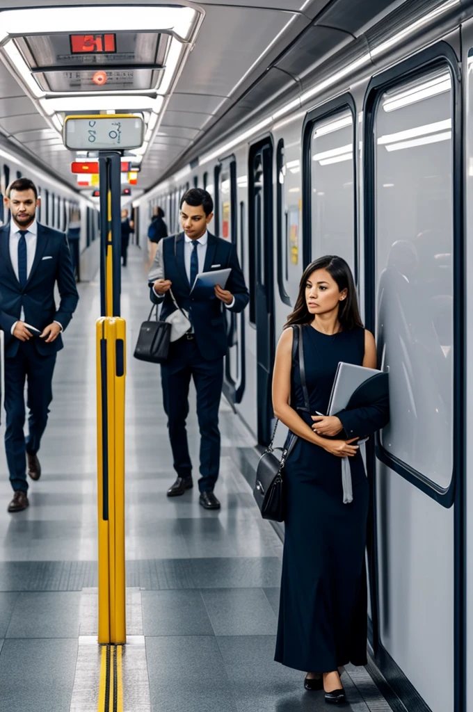 subway train packed full of people in suits going to work