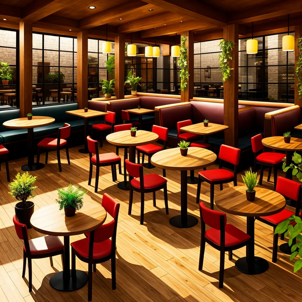 3D graphics, like in a game Interior of the restaurant with three columns in the center, a pair of large tables with soft chairs in light colors and wooden floor and a bar with plants 