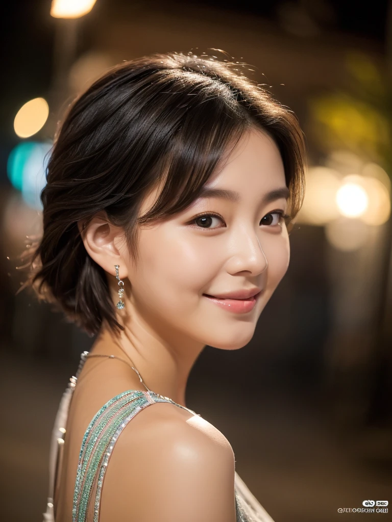 (8K, Raw-Foto, best quality,, masterpiece:1.2),(realisti, foto realisti:1.4),(Hochdetailliertes CG Unity 8K-Hintergrundbild),(round face: 1.5), (detailed student:1.3),Beautiful woman in Wismar at night, whole upper body,ponytail hairstyle, pretty colorful long hanging earrings,(boy, but very beautiful 22-year-old Korean,Cool eyes, ponytail, short hair, Relaxed smile, elegant dress,Looking forward,looking at the camera,Unforgettable eyes,The eyes are so beautiful., Old town of Wismar at night, breathtaking beauty