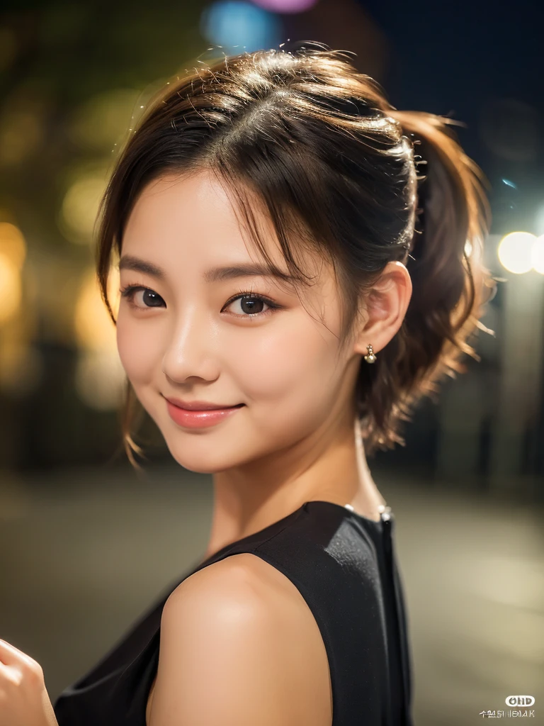 (8K, Raw-Foto, best quality,, masterpiece:1.2),(realisti, foto realisti:1.4),(Hochdetailliertes CG Unity 8K-Hintergrundbild),(round face: 1.5), (detailed student:1.3),Beautiful woman in Wismar at night, whole upper body,ponytail hairstyle, pretty colorful long hanging earrings,(boy, but very beautiful 22-year-old Korean,Cool eyes, ponytail, short hair, Relaxed smile, elegant dress,Looking forward,looking at the camera,Unforgettable eyes,The eyes are so beautiful., Old town of Wismar at night, breathtaking beauty