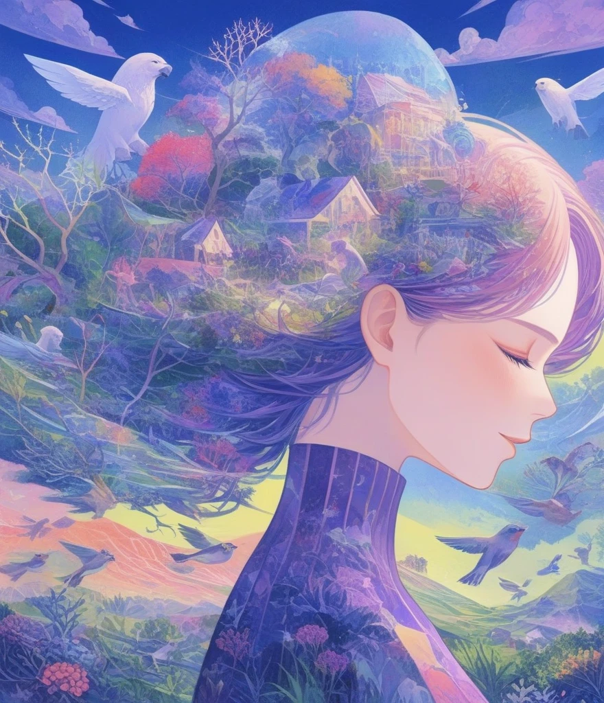 (Panorama, center, masterpiece, Highest quality: 1.2), Fantasy Illustration, Lion, bear, Big Circus, Clown performing magic, Evoke the magic. In purple hues, The background blends in with his hair., Creates an atmosphere of tranquility、Create harmonious compositions that capture the beauty of nature。. This illustration symbolizes the harmony between humans and the environment., Focus on the face,((Ultra high color saturation,Vibrant colors)) diego gisbert lawrence、Josan Gonzalez、By Dan Mumford、Picture book illustrations、Psychedelic Art、One Girl、Bubbling、Coral、Angel T、horizon、superwide shot,Tabletop、Ultra-detailed、Intensive、Golden ratio composition、
