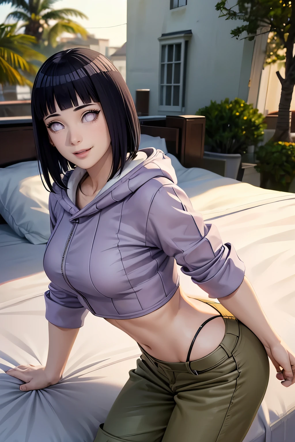 (best quality,4k,8k,highres,masterpiece:1.2),ultra-detailed,realistic,photorealistic:1.37,detailed eyes,beautiful detailed lips,pale.hinata hyuga wearing hoodie, layered sleeve, perfect figure, attractive rounded breasts, naughty smile, puffy lips, posing in sunshine, outdoor , purple layered hoodie, relaxed brown pants, attractive detailed eyes, fit waist, showing hip, ass show in bed, ass, taking selfie short hair