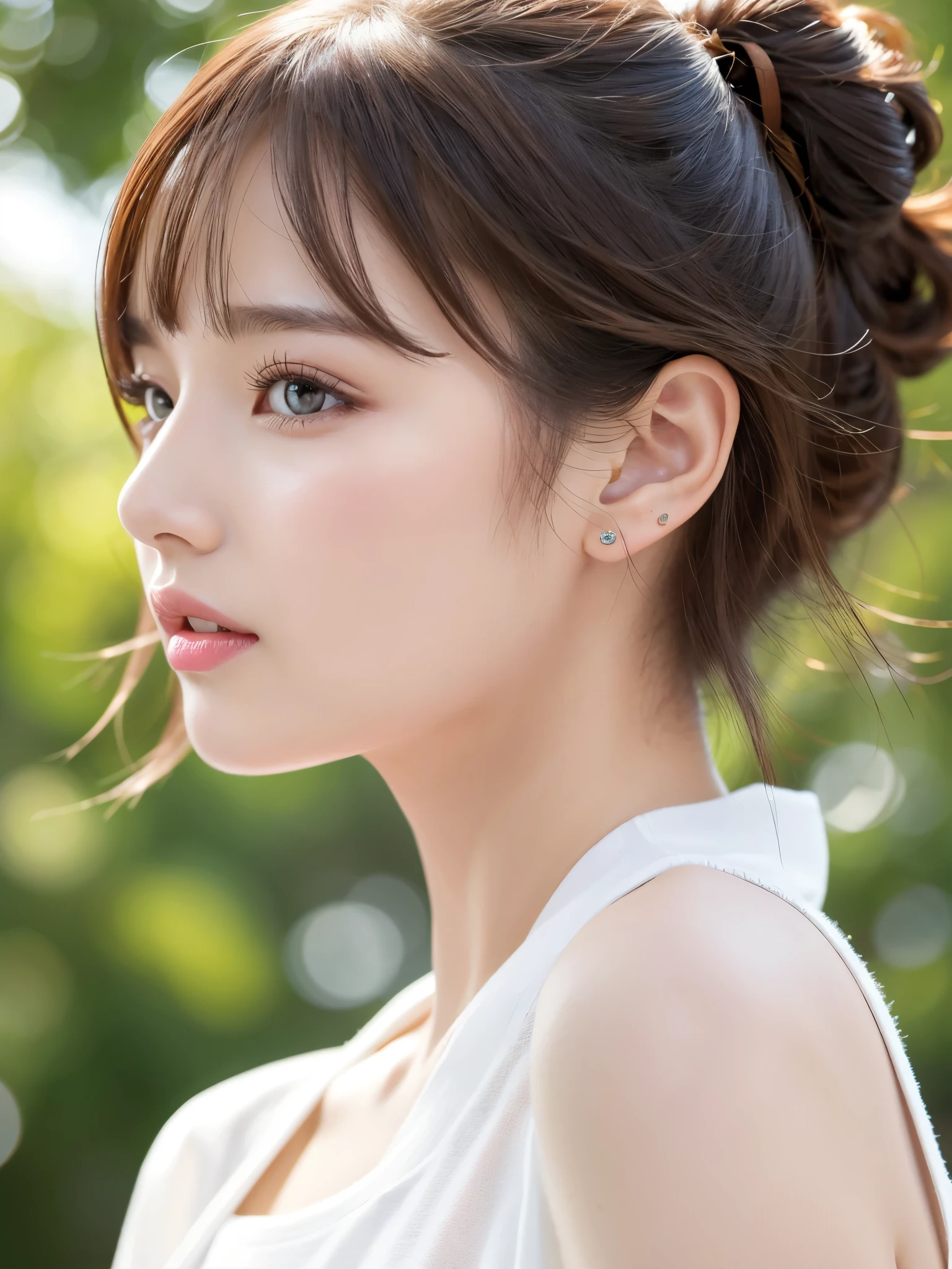 (Highest quality、Tabletop、8K、Best image quality、Award-winning works)、((profile:1.3))、ear、((short hair:1.1)),(Brown Hair)、(White casual summer clothes:1.2)、(The simplest pure white background:1.3)、(Perfectly fixed in front:1.1),(Portrait with space:1.3)、Beautiful and detailed、Perfect Makeup、Ultra-high definition beauty face、Ultra HD Hair、Ultra-high definition sparkling eyes、Ultra-high quality glossy lips、Accurate anatomy、Very beautiful skin、(Pure white skin shining in ultra-high resolution:1.1)、(Very bright:1.2),Big Natural Color Lip、Lip gloss,Harajuku、cute、cute美人、Twenty year old girl