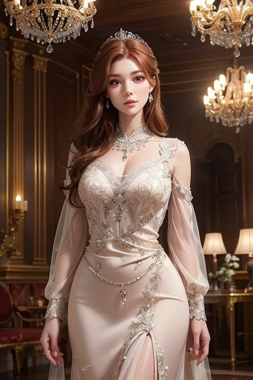 Only one female, Standing Elegantly, (Tube Dress) stylish, Sash belt, Mature Woman, /(Mid-length hair、Light brown hair、Blonde hair/) Beautiful forehead, A kind smile, (teeth:0.8), (Masterpiece of the highest quality:1.2) Delicate illustrations, super detailed, (Luxury venue) indoor, Crowded, chandelier, Detailed Background