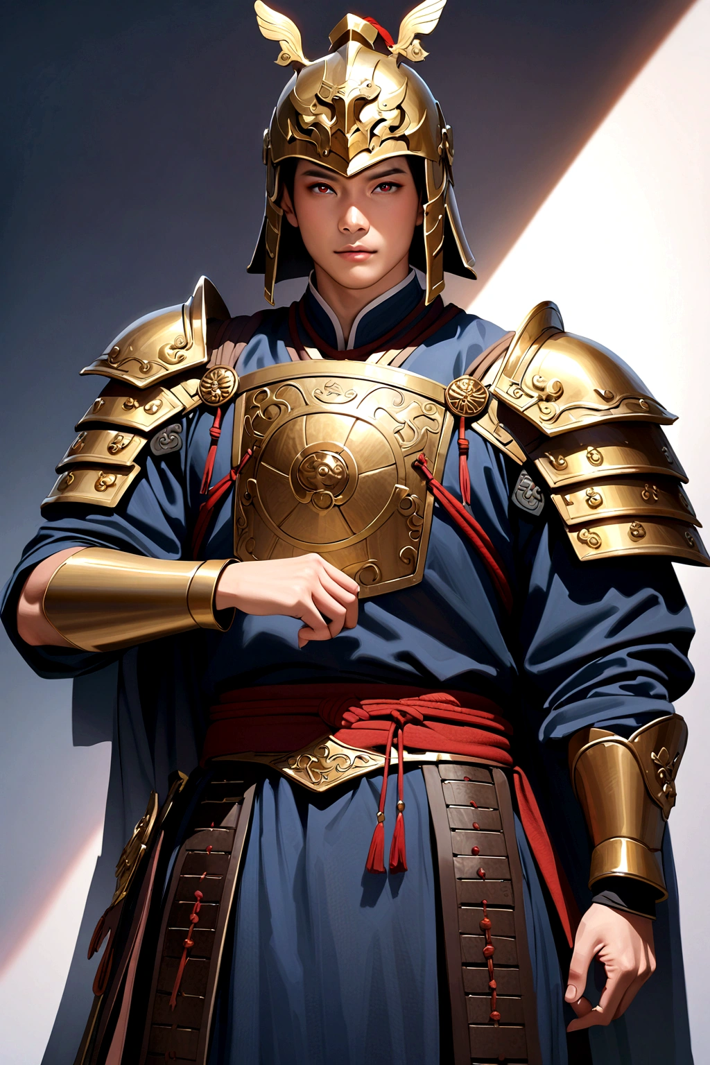 25 year old Chinese man,middle aged man,realistic,chinese_Armor,alone,Background of ancient chinese cities,detailed_eye,shoulder_Armor, helmet,(검은 eye),looking at viewer,(masterpiece:1.2), (best quality:1.2), perfect eye, perfect face, perfect lighting, (8K),(complete anatomy), Nee Shot