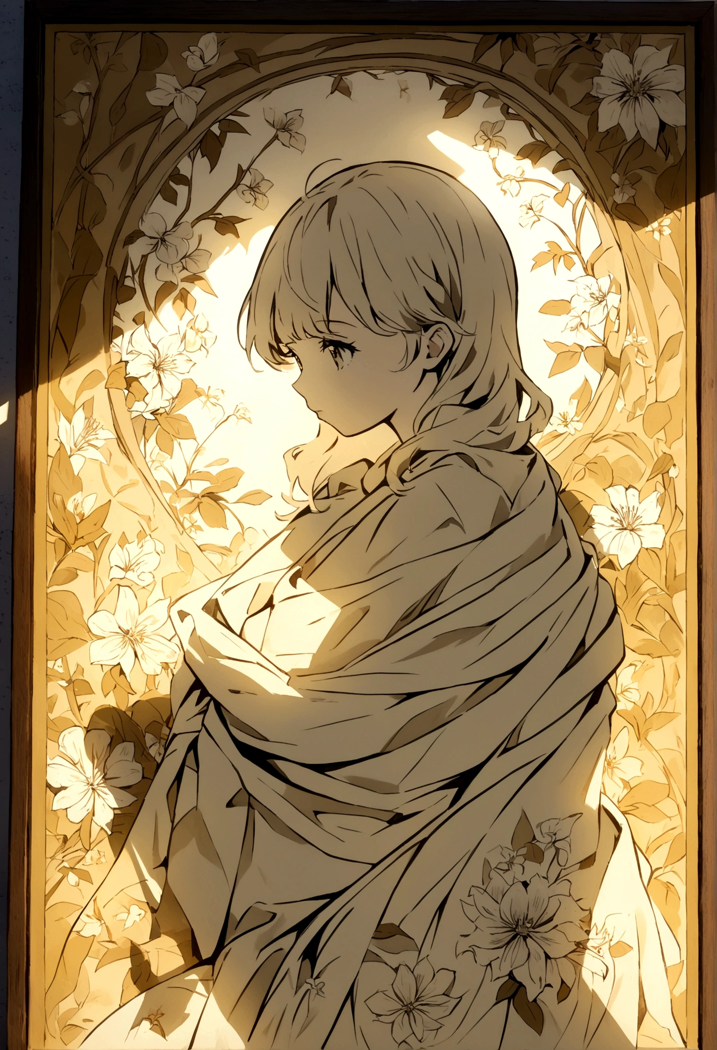 Illustration anime style, grisaille painting method, (girl's whole body, wrapped in fine light and shadow, flower motifs are drawn in detail with clear lines, the latest works of art, there is depth in the picture)