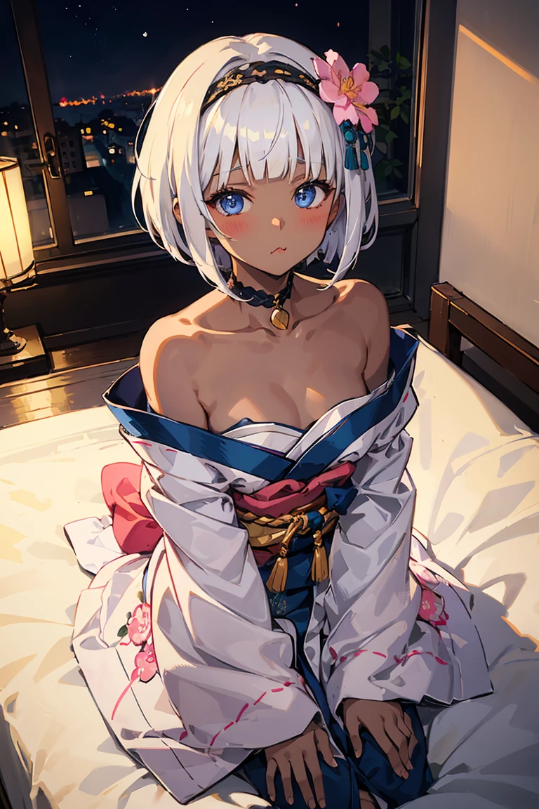 One Woman、 (((dark skin))), Beautiful silver hair、((((Very short hair))))、French braids、skyblue eyes、Beautiful Eyes、(hair band)、(((Blunt bangs))), ((Medium Chest)), Off the shoulder、24-years-old、Tight waist, night、Luxurious Japanese-style room、On a luxurious futon、frog-sit on the floor、((Pink long-sleeved kimono))、Long flower hair ornament、Pout your lips、blush、Embarrassing、lying, spread legs, panties、Looking up at the viewer、from the front、cowboy shot, low angle shot, skirt lift, 