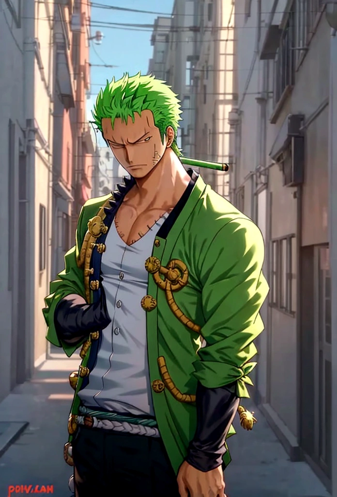 rORONOA Zoro DO ANIME "(one piece",) alone, View the viewer, short hair, Long sleeve, First grader, Green Pirate Suit Jacket, Upper Body, arms, Male focus, kimono, Golden Hair, What's, Wave, Landscape, Scar on left eye, sheath, Facial scars, Emsheathdos, (Slicked back hair), Super Saiyan Aura,