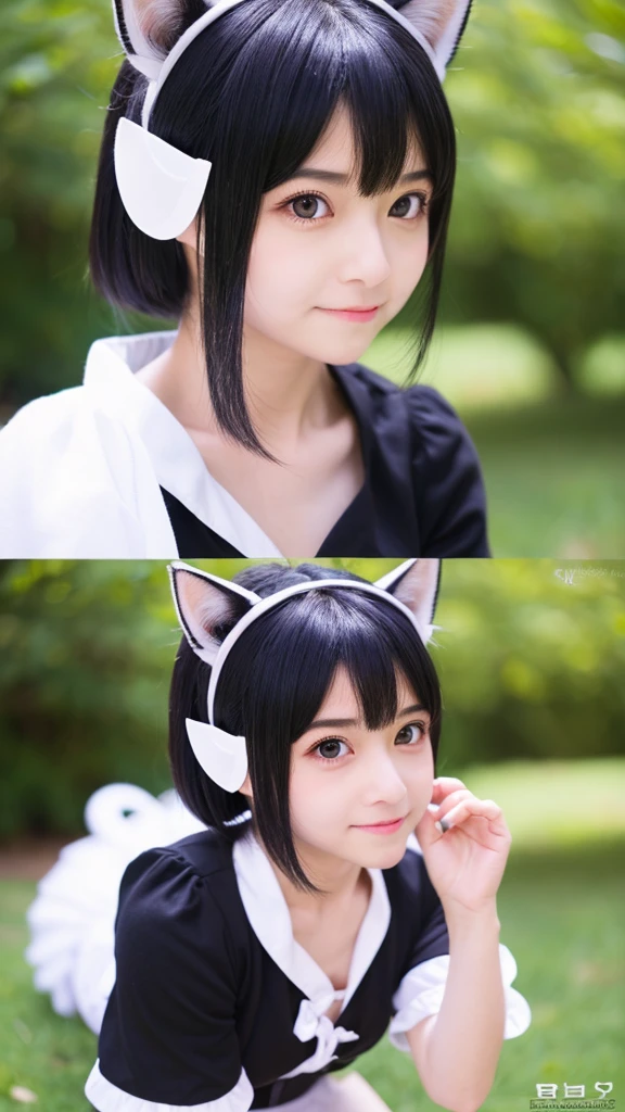 A girl with short black hair and fox ears。The face is smiling and the hands are open wide。