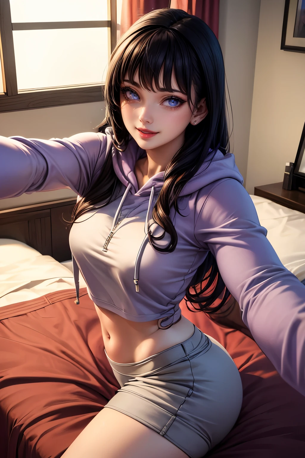 (best quality,4k,8k,highres,masterpiece:1.2),ultra-detailed,realistic,photorealistic:1.37,detailed eyes,beautiful detailed lips,pale.hinata hyuga wearing hoodie, layered sleeve, perfect figure, attractive rounded breasts, naughty smile, puffy lips, posing in sunshine, outdoor , purple layered hoodie, relaxed brown pants, attractive detailed eyes, fit waist, showing hip, ass show in bed, ass, taking selfie