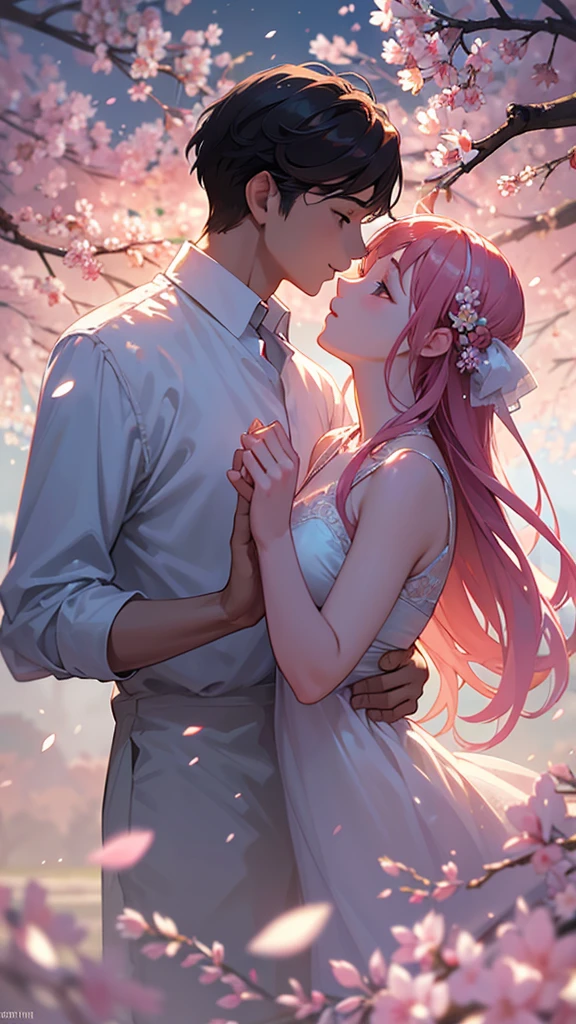 A young couple dancing in a cherry blossom garden, the girl singing beautifully as the petals fall around them, the boy watching her with longing and affection, their budding romance blossoming with the arrival of spring
1girl in a cherry blossom garden, beautiful detailed eyes, beautiful detailed lips, extremely detailed eyes and face, long eyelashes, singing softly, 1boy watching her intently, dancing together, romantic atmosphere, soft lighting, vibrant colors, petals falling, nature, serene, intimate, dreamlike, ethereal, romantic, impressionistic, delicate, warm tones, soft focus, highly detailed, 8k, photorealistic