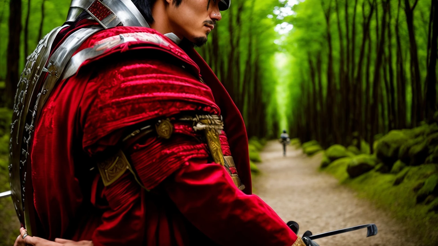 Equip yourself with the strongest shield and the strongest sword、Rin々A young warrior、RAW Photos、A young man wearing red samurai armor、break、The background is a forest deep in the mountains.、There's a river flowing inside、Young man fighting demons