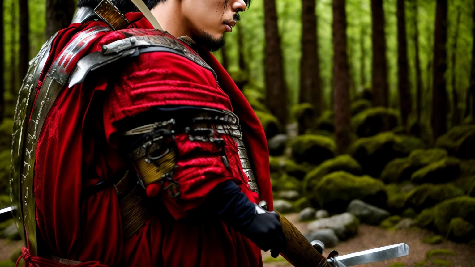Equip yourself with the strongest shield and the strongest sword、Rin々A young warrior、RAW Photos、A young man wearing red samurai armor、break、The background is a forest deep in the mountains.、There&#39;s a river flowing inside、Young man fighting demons