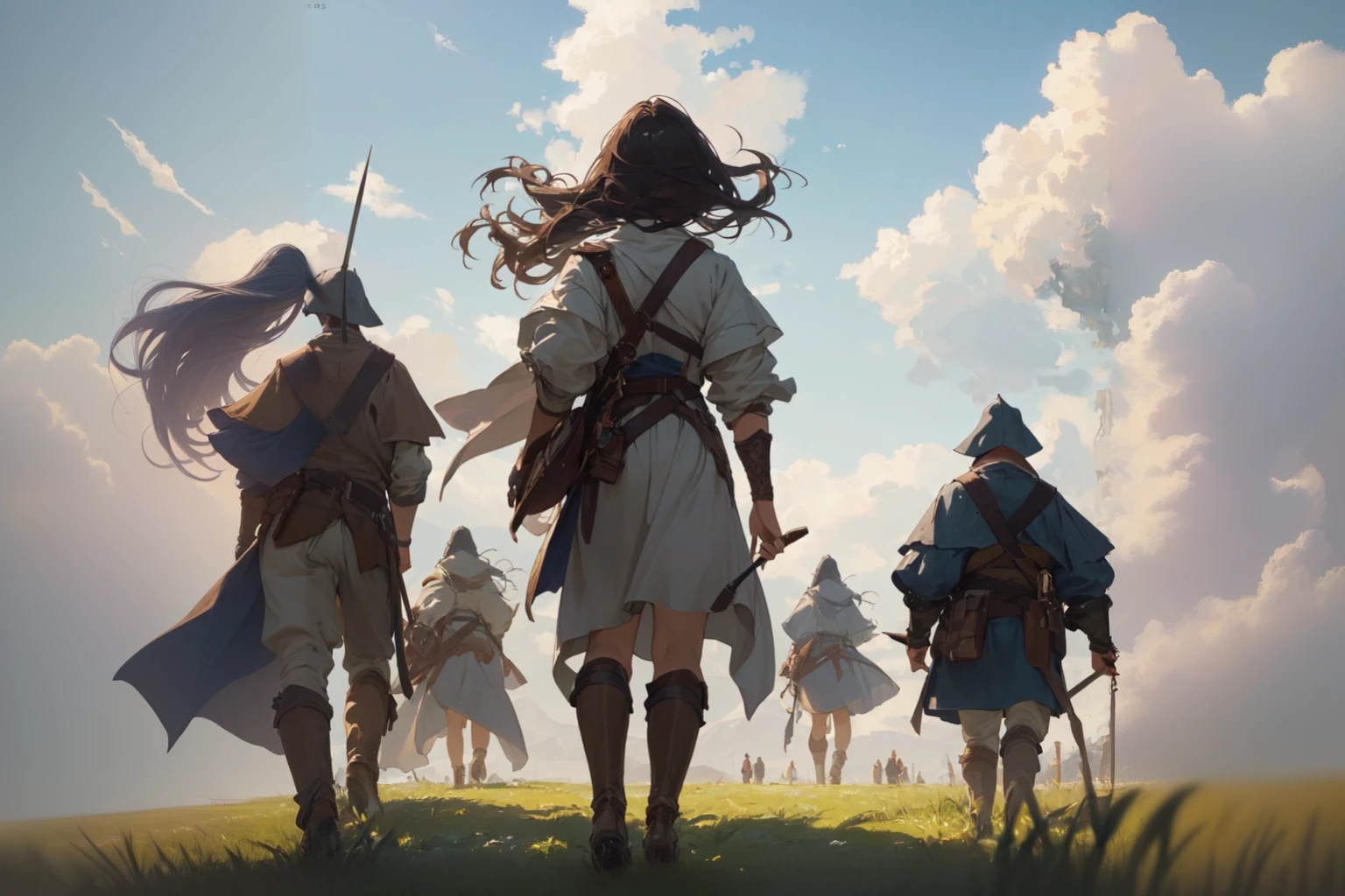 (((Top quality, 4k, 8k, high resolution, masterpiece: 1.2))), (super detailed), (realistic), (photorealistic), (photorealistic: 1.37), (HDR, UHD), (studio (lighting)), ultra-fine drawing, sharp focus, physically based rendering, highly detailed, professional, vibrant colors, medieval European clothing, adventurer's clothing, Vast grassland, majestic plain, wind, grass swaying in the wind, (((girl, girl smiling, girl's feet, girl looking back, girl walking))),