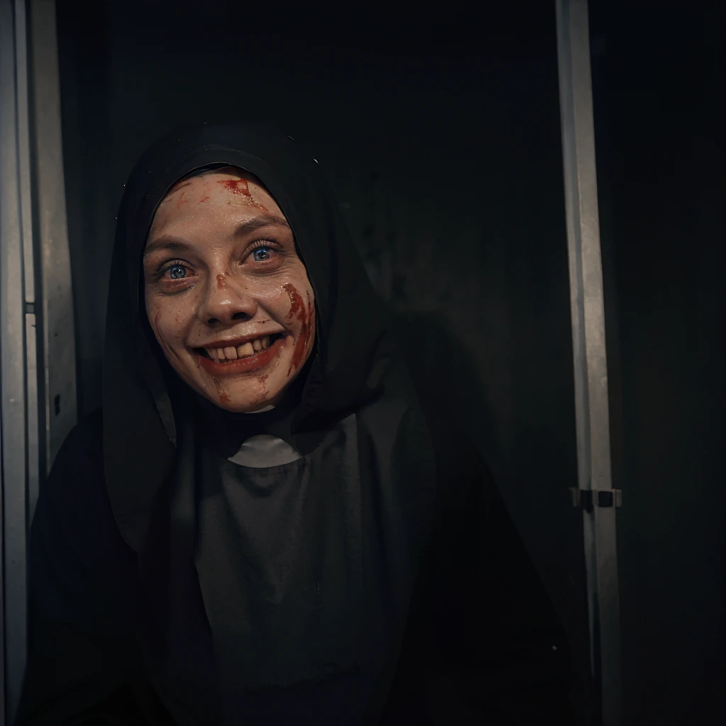 A nun in black clothes with a mouth full of blood and a wide smile in the corner of a dark room 