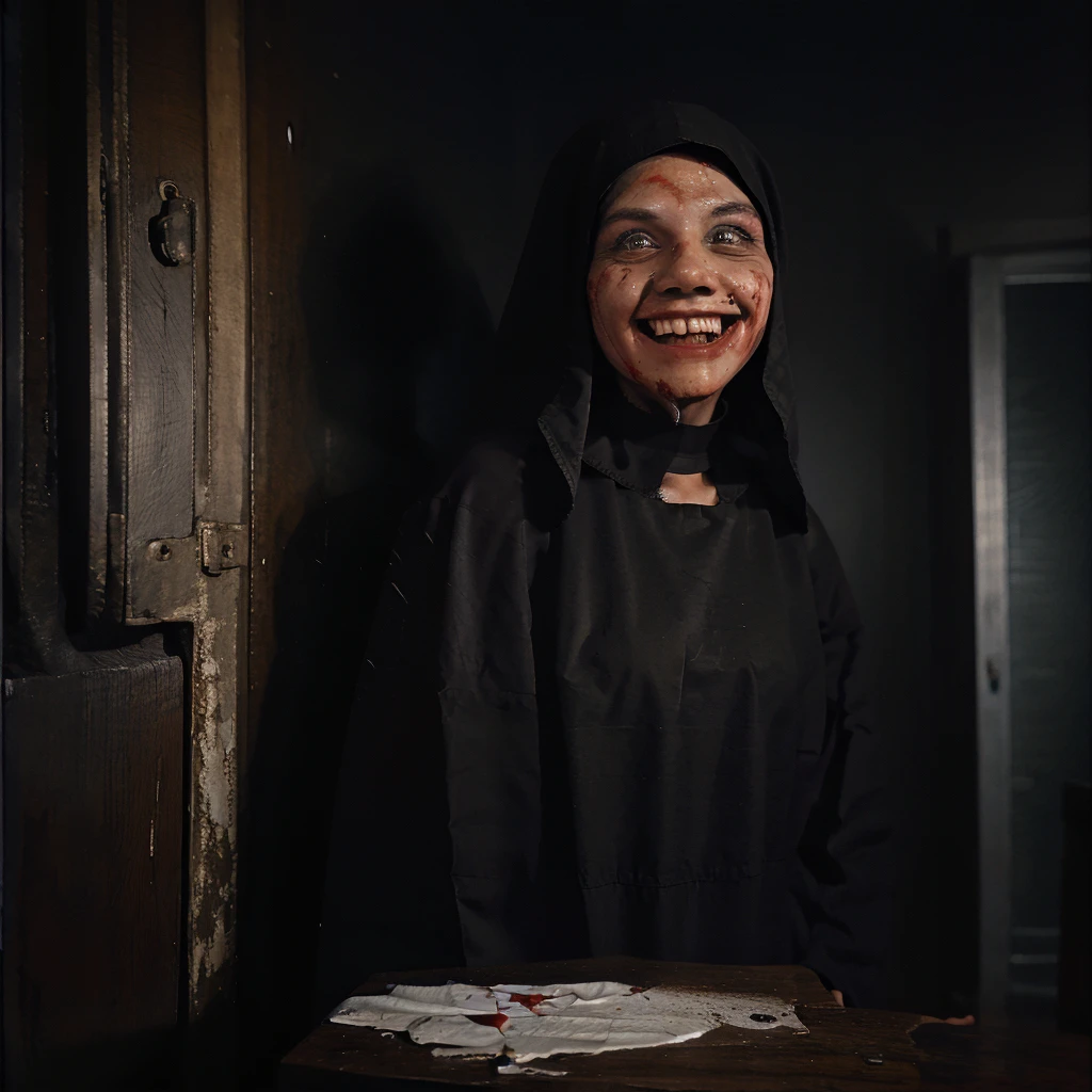 A nun in black clothes with a mouth full of blood and a wide smile in the corner of a dark room 