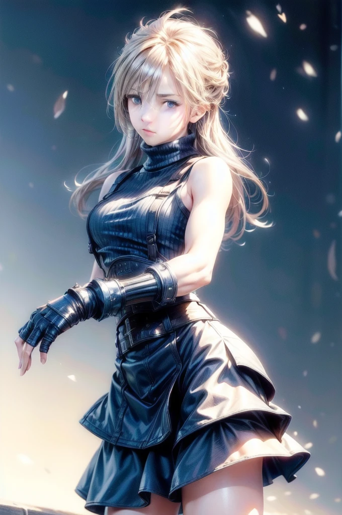 (masterpiece, best quality:1.2), expressive eyes, perfect face, highres, 1 girl, solo, (female:1.5), strife, shirt hair, shoulder armor, sleeveless turtleneck, suspenders, belt, gloves, bracer, standing, portrait, looking at viewer,