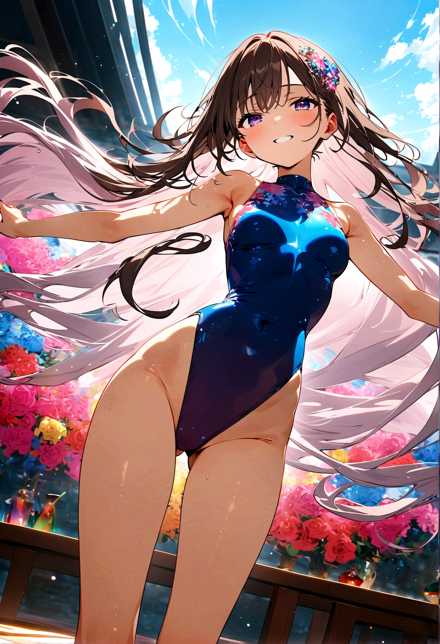 highquality illustration, masterpiece, very delicate and beautiful, attractive girl,(gymnastics leotard, Floral patterns leotard,long sleeve leotard with glittery decoration,high_leg leotard,athletic leotard,tight-fit leotard,iridescent gradient leotard),thin,slender body,slim,high school,gymnasium background,gymnastics club,gymnastics athlete,princess, beautiful eyes,light smile,(masterpiece, best quality:1.2), highres, extremely detailed CG unity 8k wallpaper, perfect lighting, Colourful, ultra-high res,4K,ultra-detailed, photography, 8K, HDR, 17 ages,