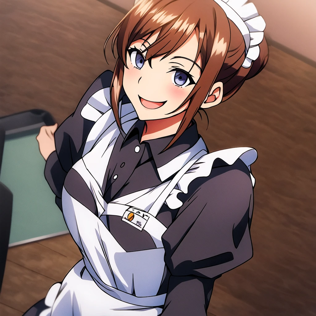 Wearing a maid uniform,and smiling excitedly
