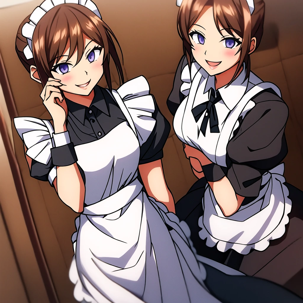 Wearing a maid uniform,and smiling excitedly 