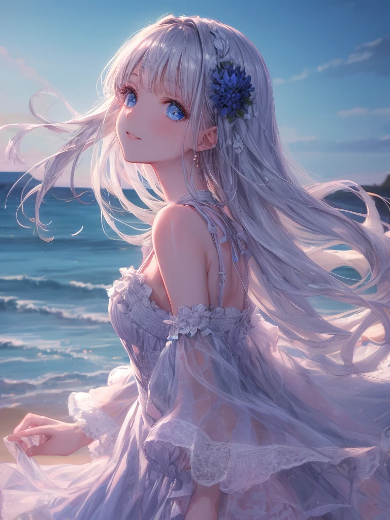 art by Cornflower,(masterpiece),(highest quality:1.2),(1 girl),face focus,(small breasts),highest quality,silver long hair,Blunt bangs,(From the side),looking up,Beautiful and detailed blue eyes,detailed clothes of white,Disappointed,pastel tones,soft cinematic lighting,Bokeh,blue sky,horizon,in beach,Captivating smile