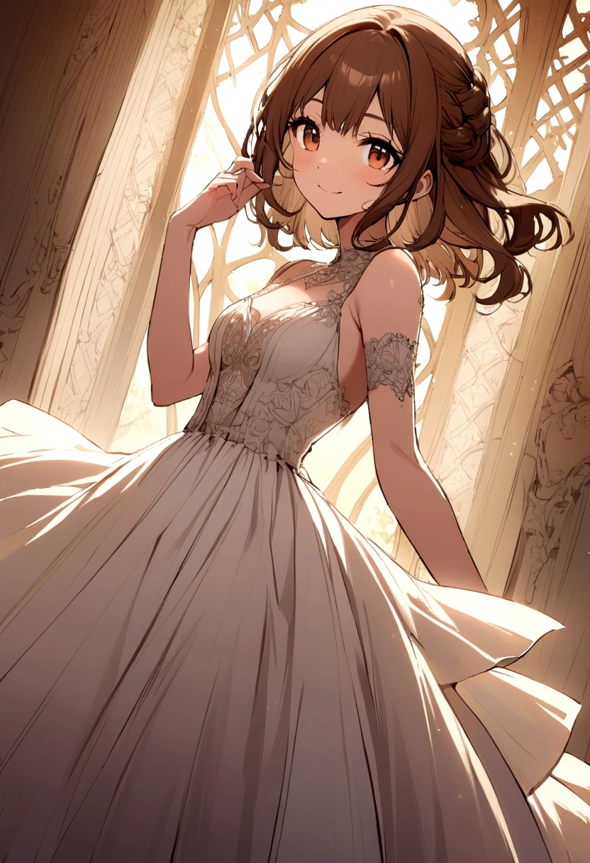 A beautiful girl, brown hair, standing and smiling sweetly wearing a white dress.