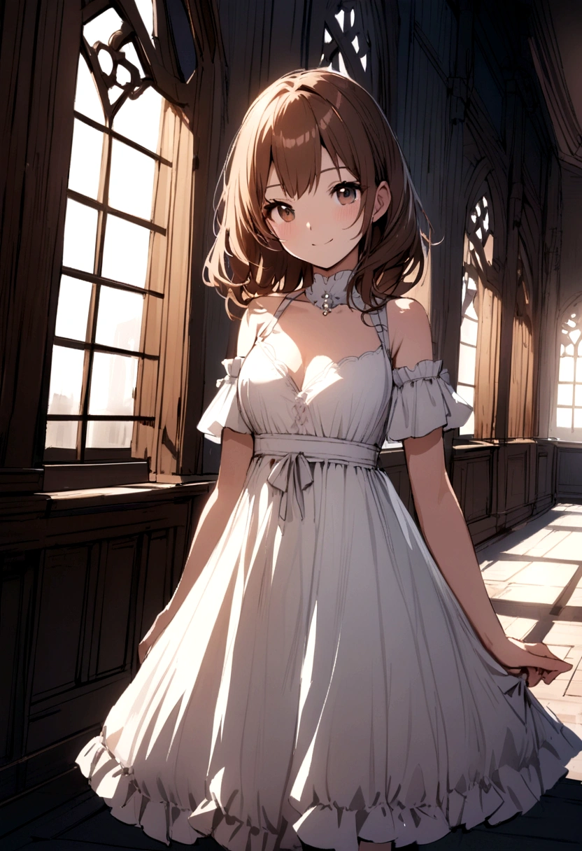 A beautiful girl, brown hair, standing and smiling sweetly wearing a white dress.