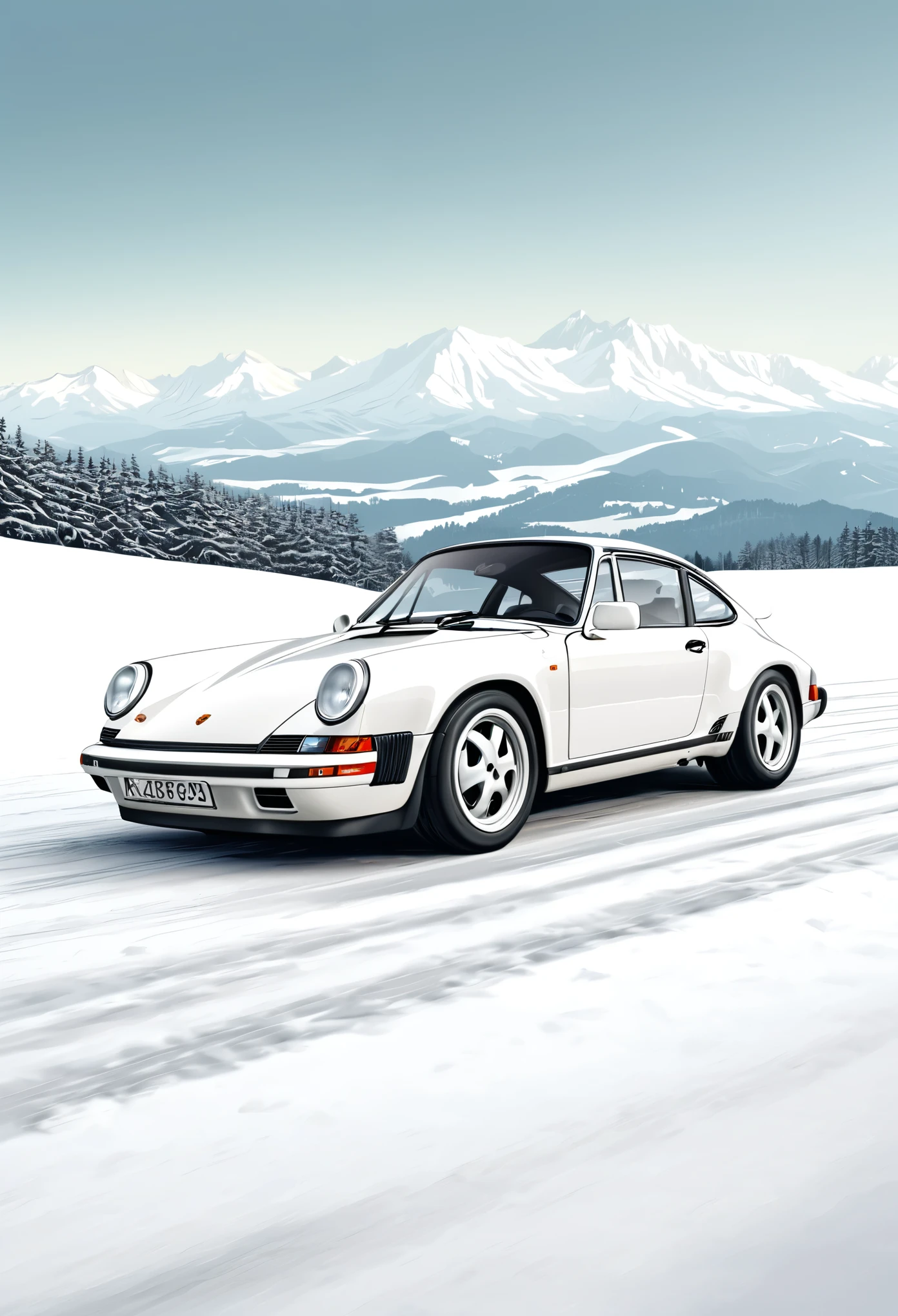 Magnifique Porsche 911 Carrera 3, blanche, 1990, vue de derrière, stylized digital illustration, very detailed digital illustration, Retro style art, detailed vector art, vintage illustration, realistic, 4k, fond de montagne enneigé
